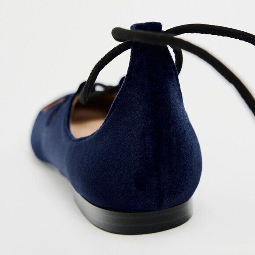 ZARA Navy Velvet Lace Up Ballet Flats NWT Balletcore Shoes Sizes 7.5 8 9 - Picture 15 of 16